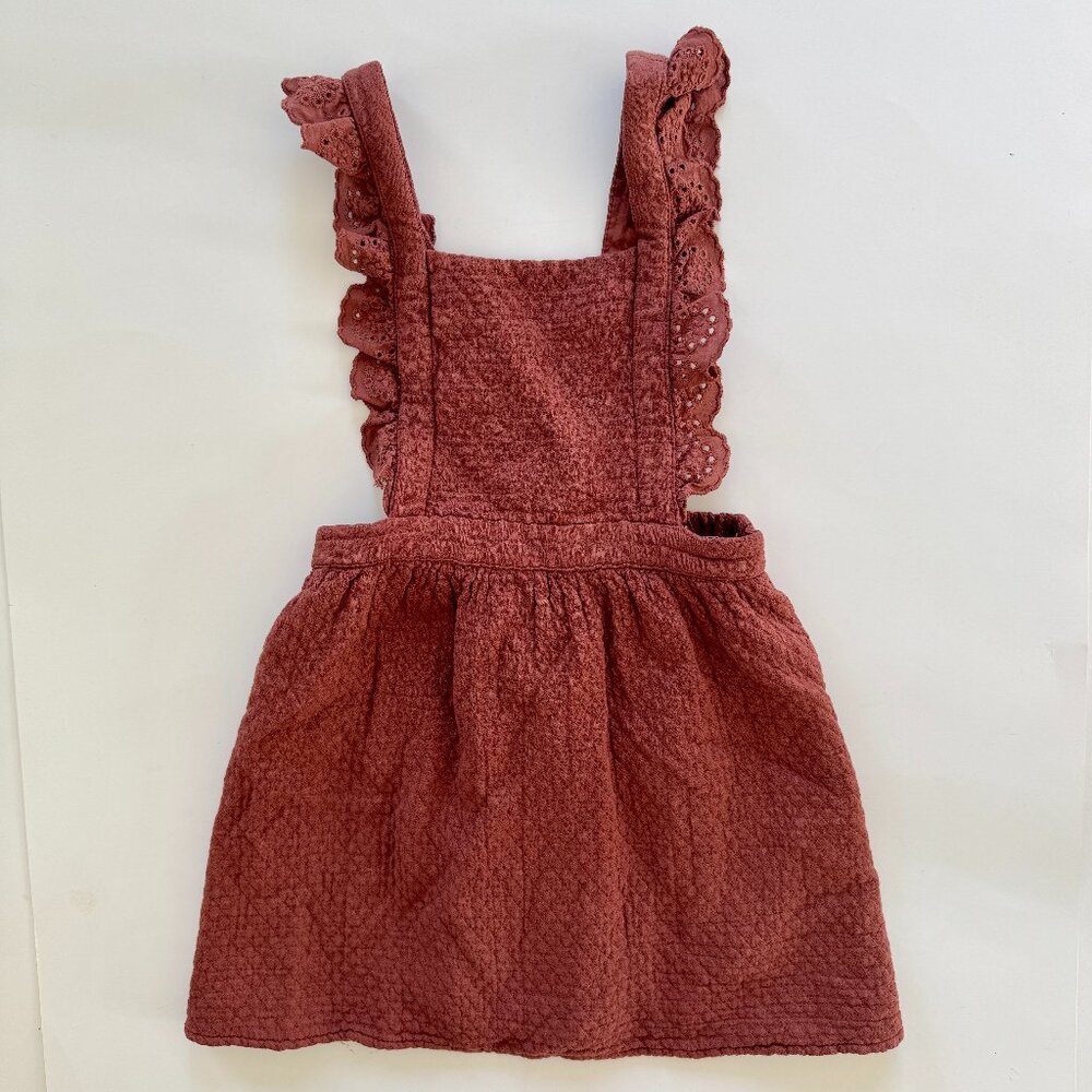 NWT Zara Rust Textured Pinafore Dress 4T Eyelet Ruffle Straps Fall Toddler
